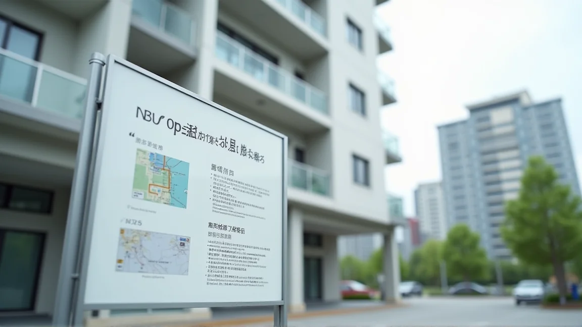 日本公寓大樓前的建案介紹看板