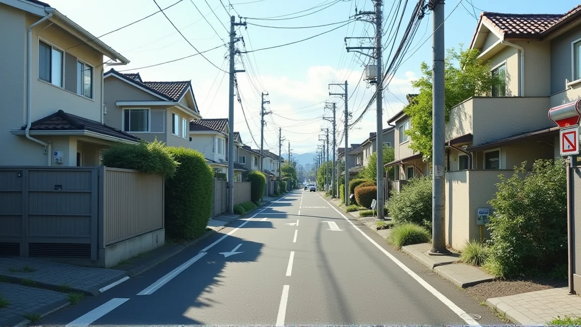 日本郊區住宅街的獨棟住宅與停車位