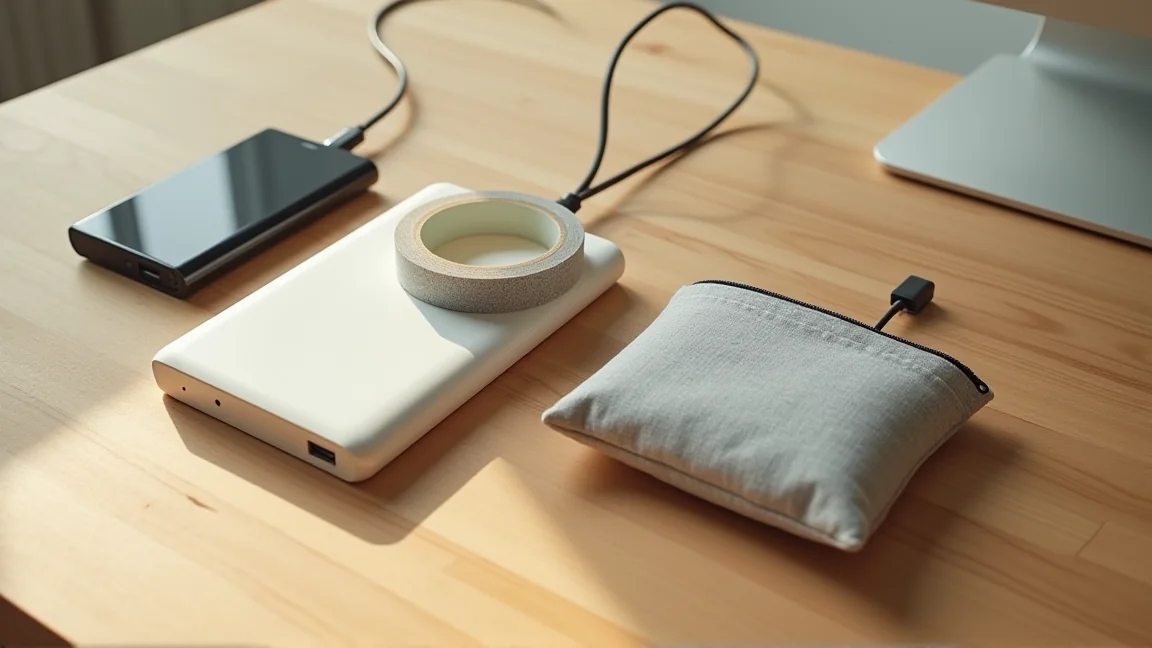 桌上的行動電源與絕緣膠帶