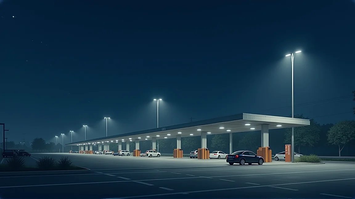 深夜的高速公路服務區停車場