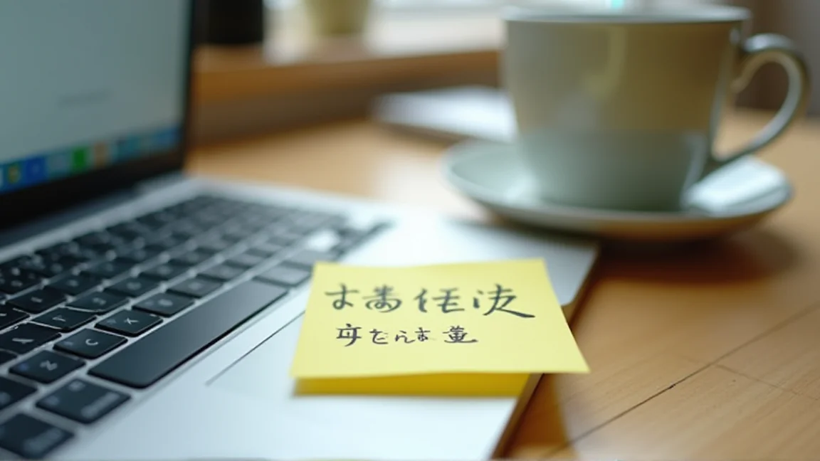 筆記型電腦螢幕前抄下許可番號的便條紙