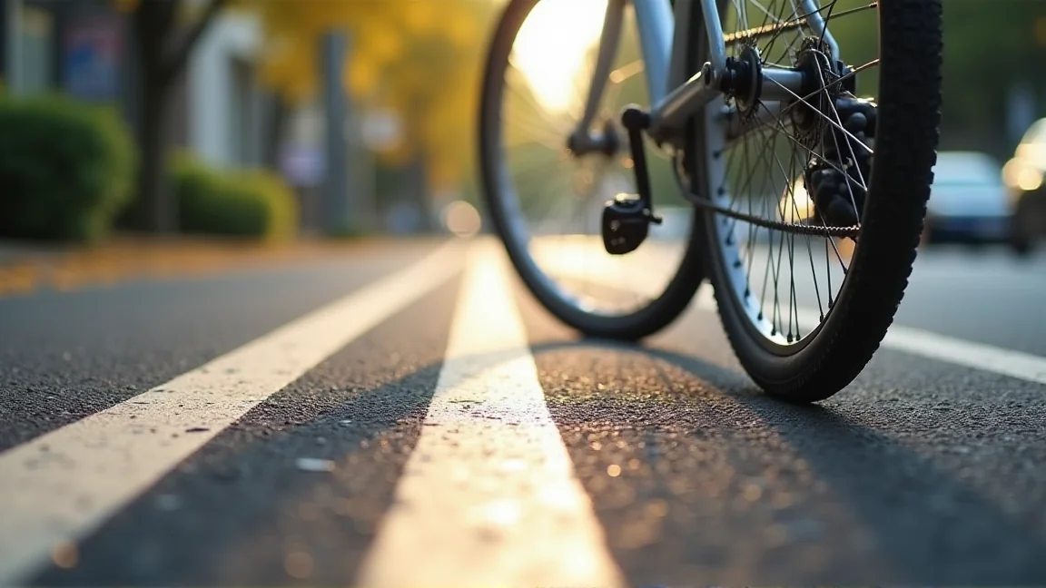 停放在街邊的自行車前輪與路面標線
