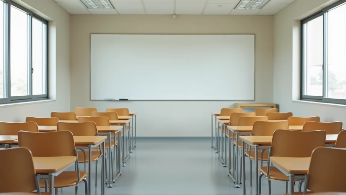 語言教室裡排好的桌椅與白板